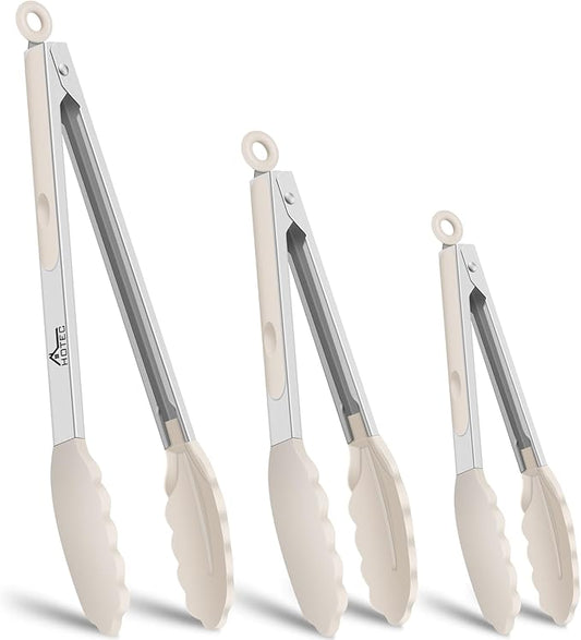 HOTEC Premium Stainless Steel Locking Kitchen Tongs with Silicon Tips, Set of 3-7", 9" and 12" (Khaki) by Hotec