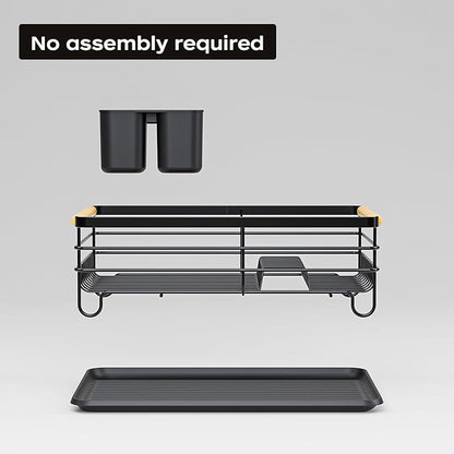 Dish Racks for Kitchen Counter: Wooden Handles, Thickened Metal, No Assembly. Small Dish Drying Rack: Ideal for Small Households. Drying Rack Kitchen: Black