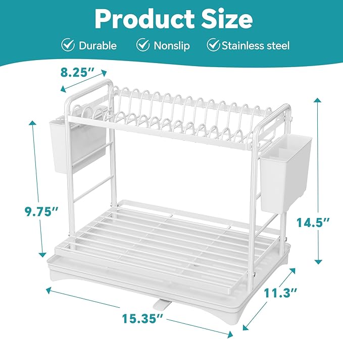 Simple Trending Dish Drying Rack, 2-Tier Dish Rack for Kitchen Counter, Large Dish Drainers Sink Organizers and Storage, White - Image 2