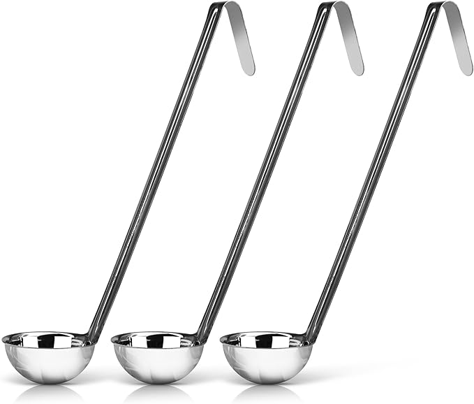 Whysko Soup Ladles Stainless Steel, 3-Pack of 2 oz. Metal Ladle Spoons, Rustproof Heat-Resistant Materials for Cooking and Serving Soups and Sauces, Commercial Grade Kitchen Essentials