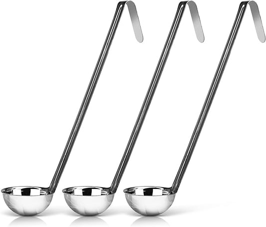 Whysko Soup Ladles Stainless Steel, 3-Pack of 2 oz. Metal Ladle Spoons, Rustproof Heat-Resistant Materials for Cooking and Serving Soups and Sauces, Commercial Grade Kitchen Essentials