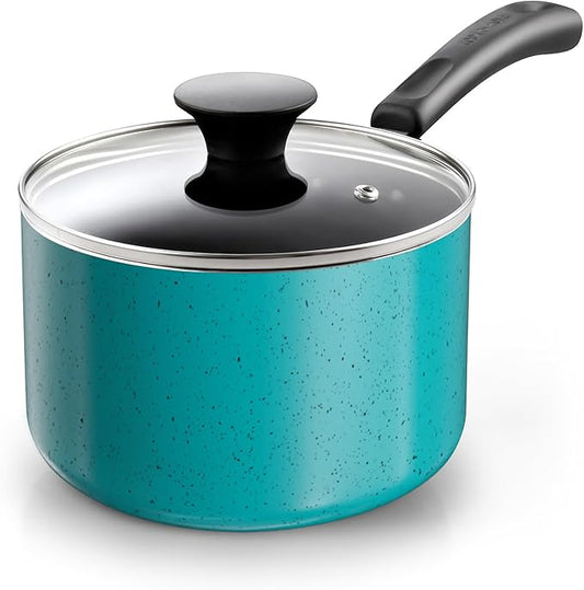 Cook N Home Non Stick Sauce Pan, 2 Quarts Saucepan with Glass Lid, Nonstick Small Multi-purpose Pot, Milk Chocolate Aluminum Cooking Pot Pan with Stay-Cool Handle, Turquoise by CookNHome
