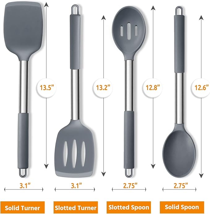 Cooking Utensils Set of 4, E-far Silicone Kitchen Utensils for Non-stick Cookware, Heat Resistant & Non-toxic Slotted Spatula Solid Spoon Turner for Flipping Mixing Serving Basting(Grey) - Image 2