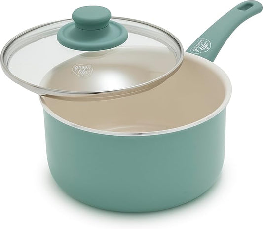 GreenLife 2.5QT Nonstick Saucepan with Glass Lid, Soft Grip, PFAS-Free Ceramic, Multipurpose Chef Pan, Milk & Sauce Cooking Pot, Dishwasher & Oven Safe to 350˚F, Stay-Cool Handle, Turquoise by GreenLife