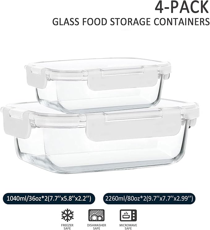 [80 oz & 36 oz]Extra Large Glass Food Storage/Baking Containers Set with Lids, 2 Pack 80 oz(10 cup)&2 Pack 36 oz (4.5 cup)Airtight Glass Container,Microwave,Oven,Freezer and Dishwasher, White - Image 2
