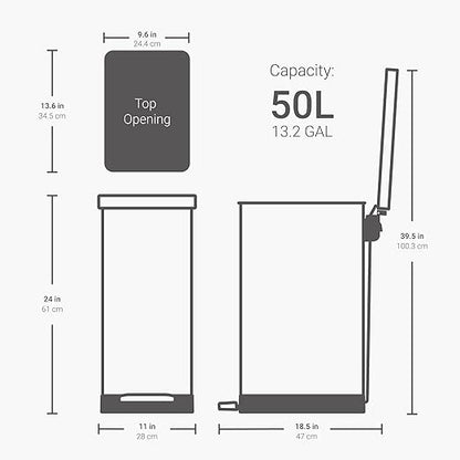 QUALIAZERO 50L / 13 Gallon Stainless Steel Step-On Kitchen Trash Can Soft-Close Lid, Fingerprint-Resistant, Removable Liner, Slim Shape Modern Design for Home, Office, Commercial Space - Image 2