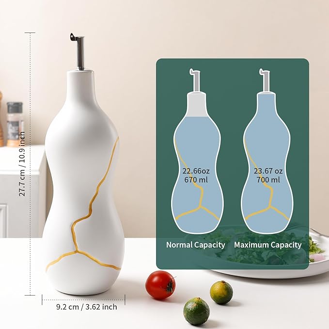 BosilunLife Ceramic Olive Oil Dispenser Bottle, 22 Oz Oil Cruet with Elegant Gold Accent & Curved Ergonomic Design, Non‑Drip Vinegar Bottle for Kitchen & Dining, White