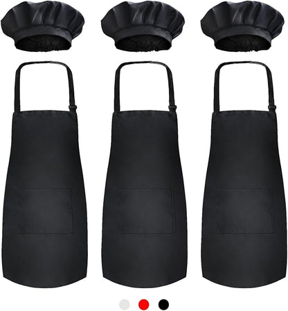 Novelty Place Kid's Apron with Chef Hat Set (3 Set) - Skin-friendly Children’s Bib with Pocket - Cooking, Baking, Painting, Training Wear - Kid's Size (6-12 Year, Black)