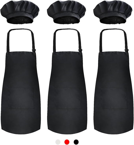 Novelty Place Kid's Apron with Chef Hat Set (3 Set) - Skin-friendly Children’s Bib with Pocket - Cooking, Baking, Painting, Training Wear - Kid's Size (6-12 Year, Black)