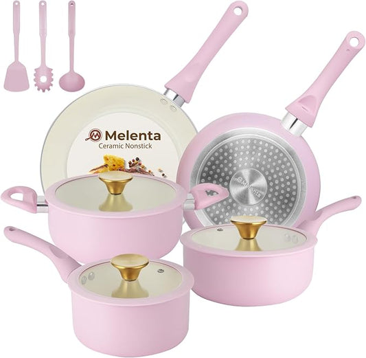 M MELENTA Pots and Pans Set Non Stick, Pink Ceramic Cookware Set, 11-Piece Induction Cookware, Non Toxic Healthy Kitchen Cooking Set, Gold Knobs Lids, Stay-Cool Handles