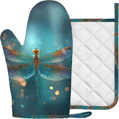 Fantasy Green Dragonfly Oven Mitt and Pot Holder with Silicone Heat Resistant Kitchen for Cooking BBQ Baking Grilling Cooking Protection