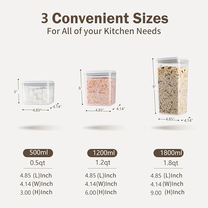 Pop Airtight Food Storage Containers Set with Lids, 6 Pcs Stackable One Button Opening Food Containers Kitchen Pantry Organization and Storage, BPA Free Stackable Cereal Container (0.5, 1.2, 1.8qt)*2 - Image 6