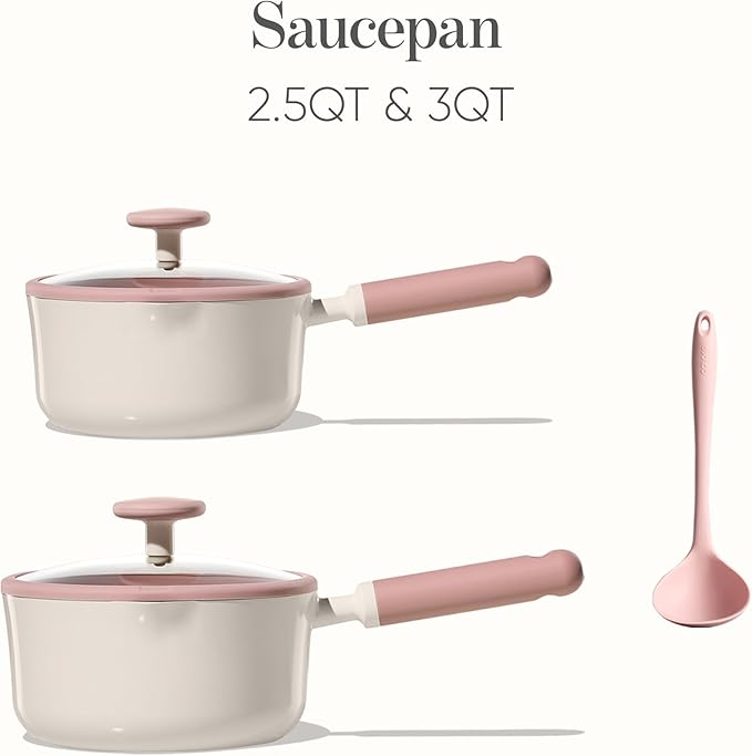 CAROTE 2.5QT & 3.0QT Sauce Pan Sets with Lid & Ladle Ceramic Nonstick Pot Set Non Toxic Saucepan with Stay-cool Handle Small Kitchen Cooking Pots, Easy to Clean, Induction Comptable, PFOA FREE - Image 2