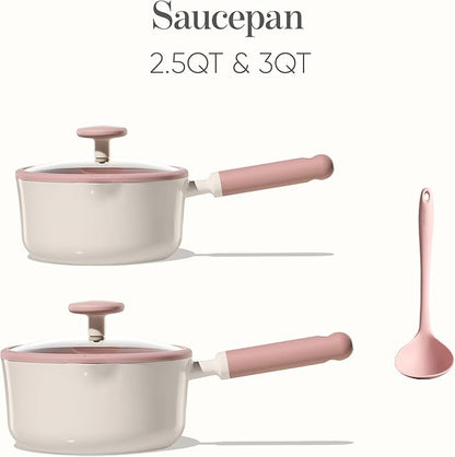 CAROTE 2.5QT & 3.0QT Sauce Pan Sets with Lid & Ladle Ceramic Nonstick Pot Set Non Toxic Saucepan with Stay-cool Handle Small Kitchen Cooking Pots, Easy to Clean, Induction Comptable, PFOA FREE - Image 2
