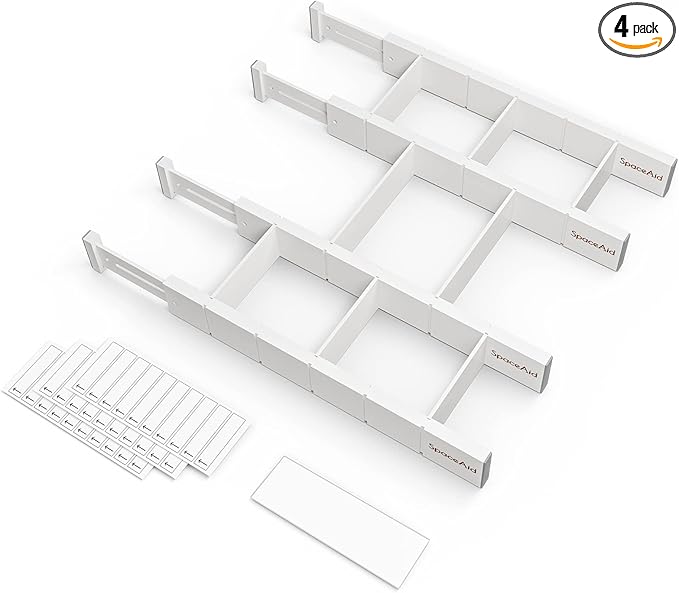 SpaceAid Bamboo Drawer Dividers with Inserts and Labels, Kitchen Adjustable Drawer Organizers, Expandable Organization for Home, Office, Dressers, 4 Dividers with 9 Inserts (17"-22" White) by SpaceAid