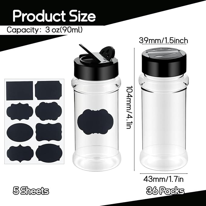 Ysglory 36 Pack 3 Oz Plastic Spice Jars Bottles Empty Seasoning Bottles Containers Small Clear Spice Shaker and Stickers with Black Cap for Storing Spices, Salt, Herbs - Image 4