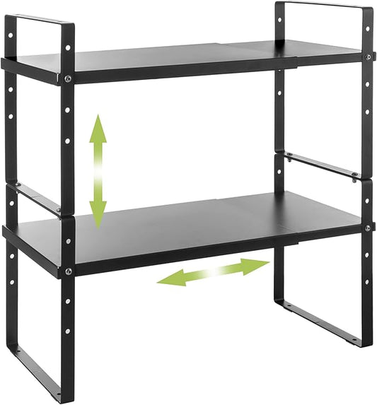 Across-Star Expandable Cabinet Shelf Organizer Rack, Stackable Kitchen Countertop Organizer Storage Shelves, Adjustable Height Pantry Counter Shelf Riser Spice Rack (Black, 2 Pack) by Acorss-Star