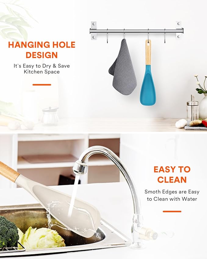 Cooking Spoon for Nonstick Cookwares, Great for Cooking and Serving Sturdy BPA-Free Matte Silicone, Wood Handle Spoon for Mixing, Scoop, and Scrape (Khaki & Turquoise, 11.4 inch) - Image 7