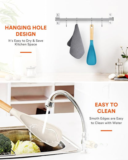 Cooking Spoon for Nonstick Cookwares, Great for Cooking and Serving Sturdy BPA-Free Matte Silicone, Wood Handle Spoon for Mixing, Scoop, and Scrape (Khaki & Turquoise, 11.4 inch) - Image 7