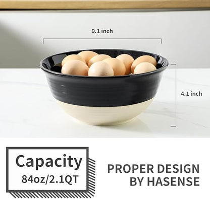 HASENSE Large Ceramic Serving Bowls Set of 2, 84 Oz 9 Inch Black & Beige Stoneware Mixing Bowls, Farmhouse Bowls for Salad, Soup, Popcorn & Baking, Dishwasher & Microwave Safe - Image 3