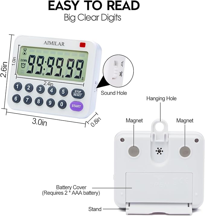 AIMILAR Magnetic Digital Kitchen Timer with Direct Numerical Keypad, Loud Alarm - 99Hr Countdown Count Up Timer for Cooking Baking Classroom, Batteries Included - Image 6