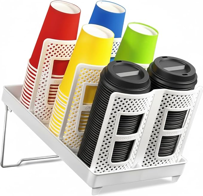 6-Slot Paper Cup and Lid Holder, Disposable Coffee Cup Dispenser, Upright Paper Cup Dispenser for Coffee Stations, Kitchens, Bars, Restaurants, Lounges (White)