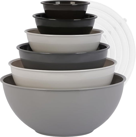 BoxedHome BPA Free Plastic Round Mixing Bowl with Lids, 12 Pack Nesting Bowls with Lids Set, Microwave and Dishwasher Safe Prep & Serving Bowls Great for Mixing, Baking, Serving (Grey, 12pcs) by BoxedHomeProducts