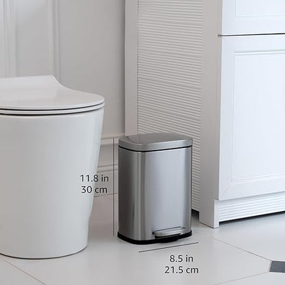 Amazon Basics Smudge Resistant Mini Rectangular Trash Can with Soft-Close Lid, Foot Pedal, Removable Inner Bucket, 5L/1.32 Gal, Brushed Stainless Steel, for Bathroom & Small Space, Satin Nickel Finish - Image 3