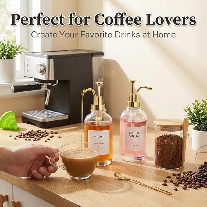 Coffee Bar Accessories, Coffee Syrup Dispenser-2 Pcs16.9 oz, Syrup Pump Dispenser for Coffee Bar, with Glass Bamboo Lid Jar with Spoon, Gold Pump Syrup Dispenser with Labels - Image 6