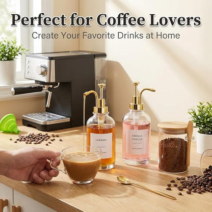 Coffee Bar Accessories, Coffee Syrup Dispenser-2 Pcs16.9 oz, Syrup Pump Dispenser for Coffee Bar, with Glass Bamboo Lid Jar with Spoon, Gold Pump Syrup Dispenser with Labels - Image 6