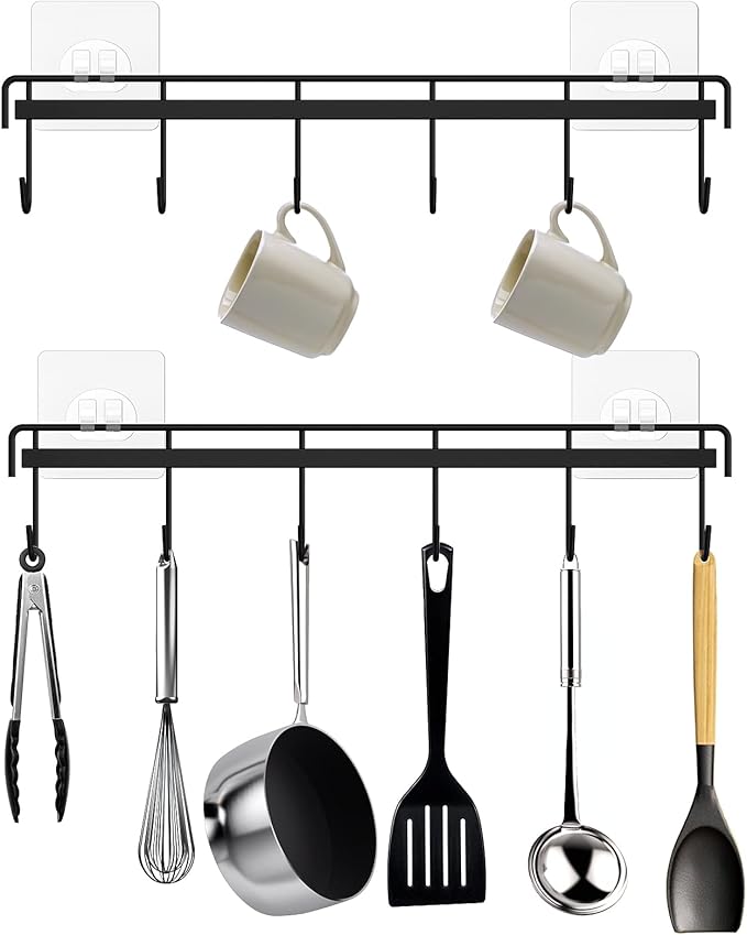 Kitchen Utensil Hanger, Adhesive Utensil Holder Wall Mount Kitchen Rack Rail with 12 Hooks, Space Saving and No Drilling, Black, 2 Pcs by HOMEBROS