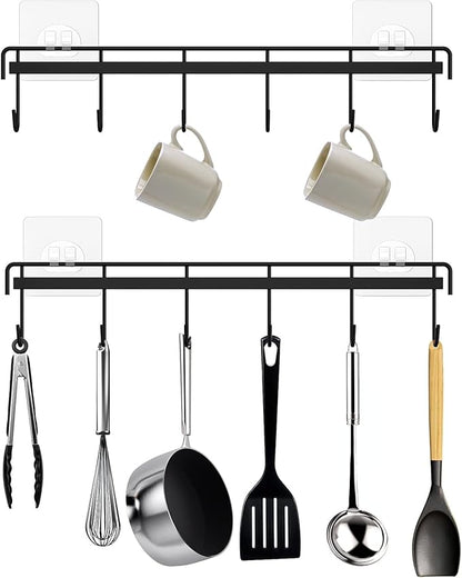 Kitchen Utensil Hanger, Adhesive Utensil Holder Wall Mount Kitchen Rack Rail with 12 Hooks, Space Saving and No Drilling, Black, 2 Pcs by HOMEBROS
