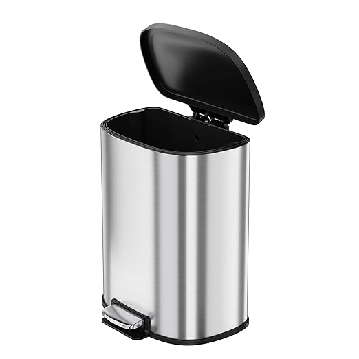 Garvee Stainless Steel Trash Can, 50 L/13 gal Hands Free Garbage Can with Soft Close Lid and Foot Pedal, Metal Kitchen Waste Bin with Inner Bucket for Living Room, Office, D Shape, Silver by Garvee