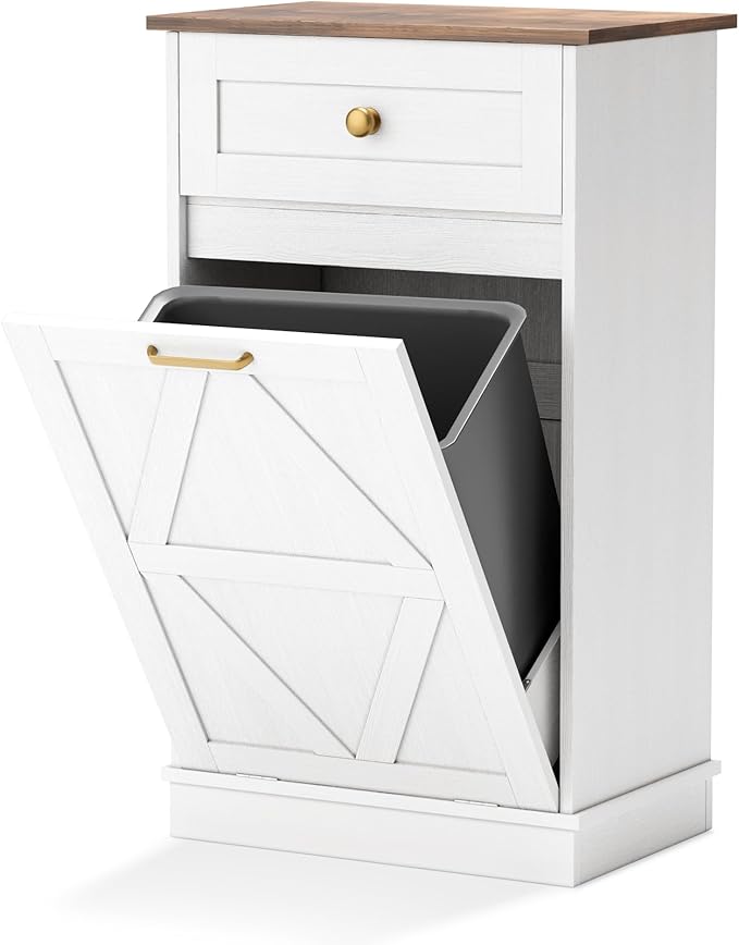 YESHOMY Tilt Out Trash Cabinet,10 Gallon Hidden Wooden Bin Cabinets, Laundry Hamper with Drawers, for Kitchen, Dining Room, White