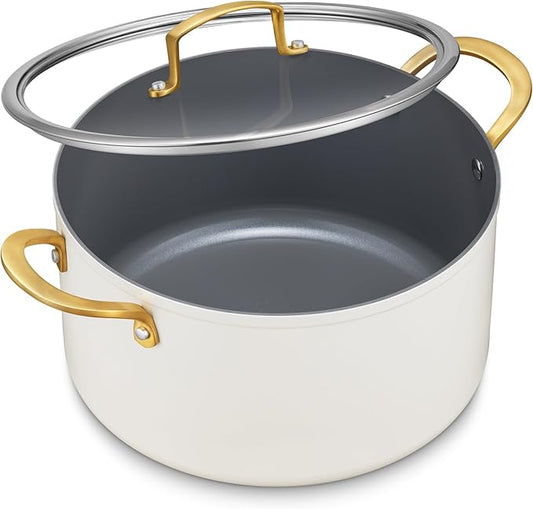 BEZIA Non Stick Stock Pot With Lid, 12 Quart Large Stockpot for Catering for Groups and Events, Induction Cooking Pot for All Stoves, Sturdy & Double Handle, Ideal for Soups & Stews, Cream by BEZIA