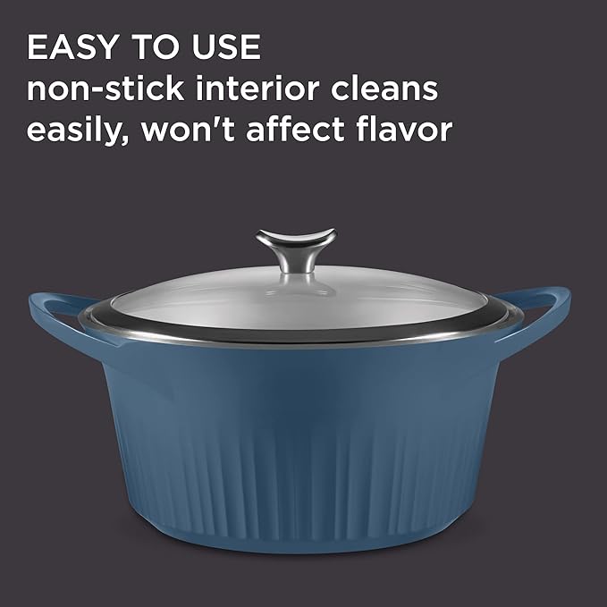 CorningWare QuickHeat 5.5-QT Cast Aluminum Dutch Oven With Lid & Non-Stick Ceramic Interior, Lightweight and Fast Even Heat Baking & Cooking, For Meats, Soup, Browning, Searing, French Navy