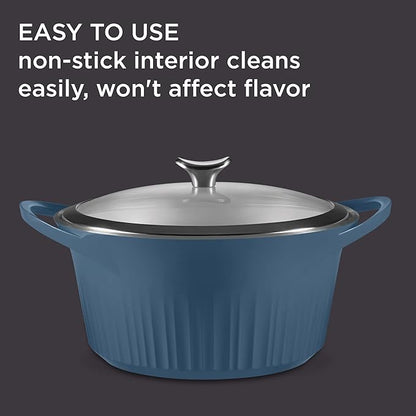 CorningWare QuickHeat 5.5-QT Cast Aluminum Dutch Oven With Lid & Non-Stick Ceramic Interior, Lightweight and Fast Even Heat Baking & Cooking, For Meats, Soup, Browning, Searing, French Navy