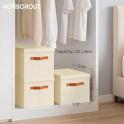 Homsorout Storage Bins with Lids - Fabric Storage Baskets for Shelves, 8 Pack Foldable Decorative Boxes with Handles, Stackable Organizer Bins for Home, Nursery, Dorm, Beige