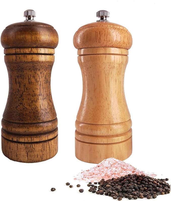 Salt and Pepper Grinders Set,Ouktor Manual Wooden Salt and Pepper Mills Shakers, Ceramic Rotor with Strong Adjustable Coarseness (5.5inch) by ouktor