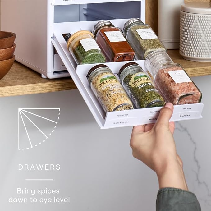 YouCopia SpiceStack,18-Bottle Adjustable Spice Rack Organizer, Pull-Out Seasoning Holder for Kitchen Cabinet and Pantry Storage with 104 Labels and Adjustable Dividers, Speckled White - Image 3