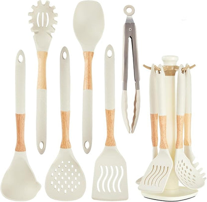 Kitchen Utensils Set - 7 PCS Non-Stick Silicone Cooking Utensils Set Spatula Set with Holder, Wooden Handle Spoon,Tongs,Whisk Kitchen Gadgets Tools Set for Nonstick Cookware (Cream White-7Max) by Stylishkitchenjoyfulmoment