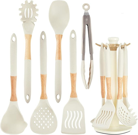 Kitchen Utensils Set - 7 PCS Non-Stick Silicone Cooking Utensils Set Spatula Set with Holder, Wooden Handle Spoon,Tongs,Whisk Kitchen Gadgets Tools Set for Nonstick Cookware (Cream White-7Max) by Stylishkitchenjoyfulmoment