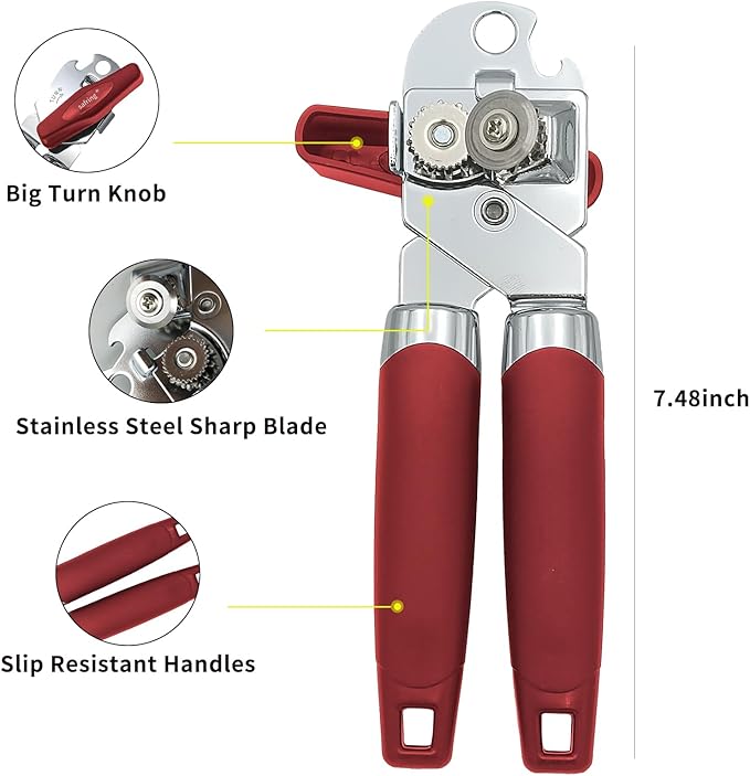 Safring Can Opener Manual, Handheld Strong Heavy Duty Stainless Steel Can Opener, Comfortable Handle, Sharp Blade Smooth Edge, Can Openers with Multifunctional Bottle Opener, Red - Image 3