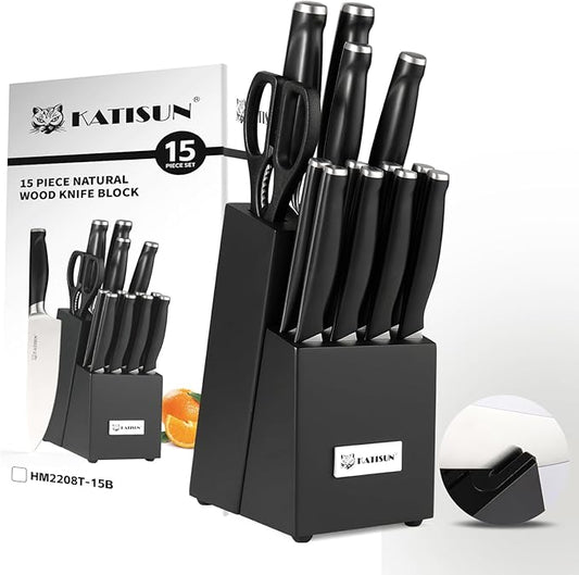 15-Piece Kitchen Knife Set with Block, ABS Ergonomic Handle for Chef Knife Set and Serrated Steak Knives Knife Sharpener and Kitchen Shears, Dishwasher Safe, Black Block by KATISUN