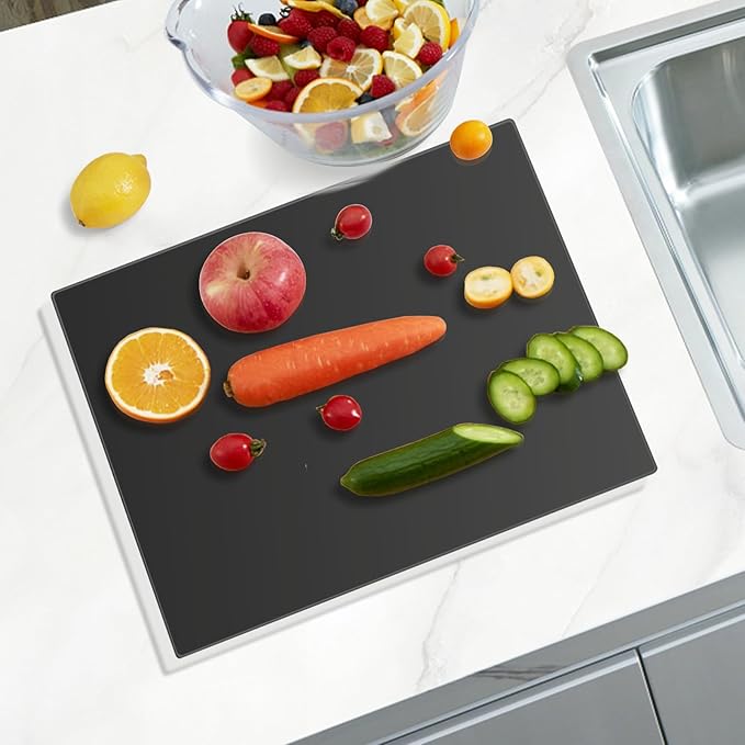 Mymonfif Tempered Glass Cutting Board for Kitchen, Black Glass Board for Countertop, Heat Resistant, with Non-Slip Feet, 12x16" 1Pcs - Image 4