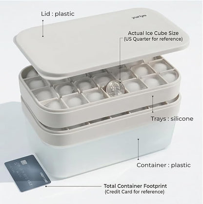 Ice Cube Tray Set with Lid & Bin, 2 Silicone Trays (32-Cube Each, 64 Total), Easy-Release, Stackable, Leak-Proof, Dishwasher Safe, Sand Beige