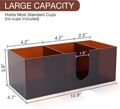 Acrylic Coffee Cup Holder for Countertop, 3 Slots Acrylic Coffee Bar Accessories and Organizer Anti Slip Waterproof, Coffee Station Organizer for Cup Lid Straw, Amber Coffee Color