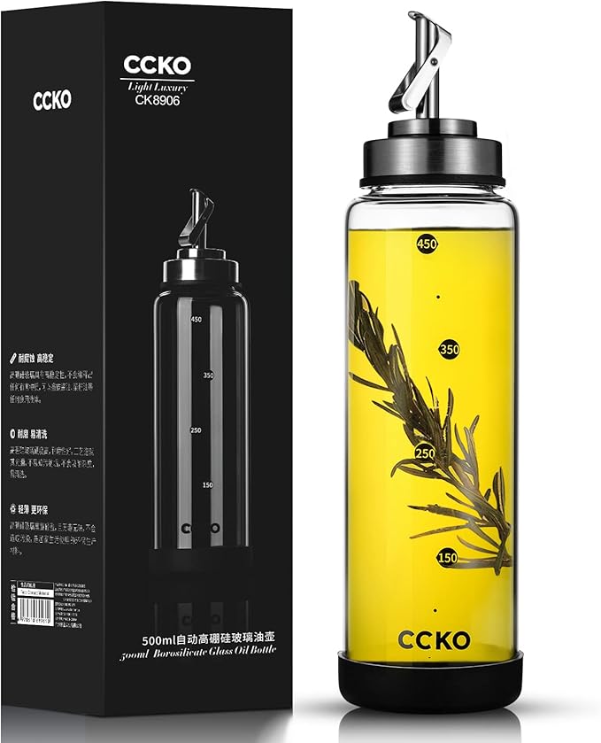 Glass Olive Oil Dispenser Bottle Shatterproof and Leakproof with Stainless Steel Spouts High Temperature Resistant 17oz Cooking Oil and Vinegar Cruet Dispenser by CCKO