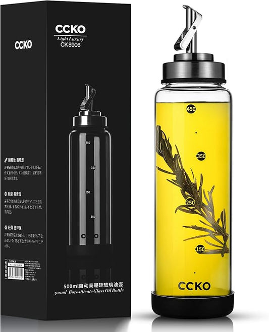 Glass Olive Oil Dispenser Bottle Shatterproof and Leakproof with Stainless Steel Spouts High Temperature Resistant 17oz Cooking Oil and Vinegar Cruet Dispenser by CCKO