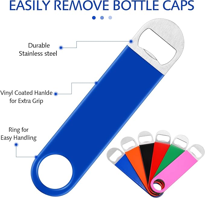 24 Pack Stainless Steel Flat Bottle Opener Bulk Heavy Duty Bartender Beer Openers Rubber Coated Beer Bottle Opener 7 Inch Beer Can Opener for Men Women Bar Kitchen Restaurant Party Supplies, 6 Colors - Image 3
